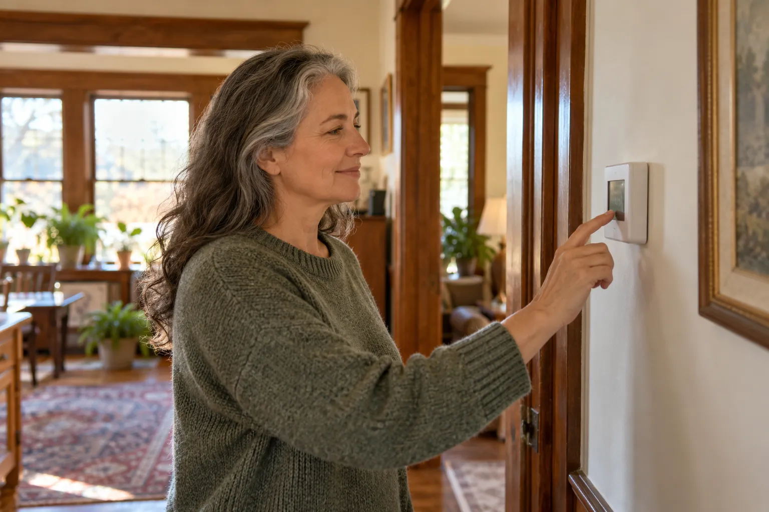 A homeowner checking a thermostat in a cozy older home in the Kinnelon area